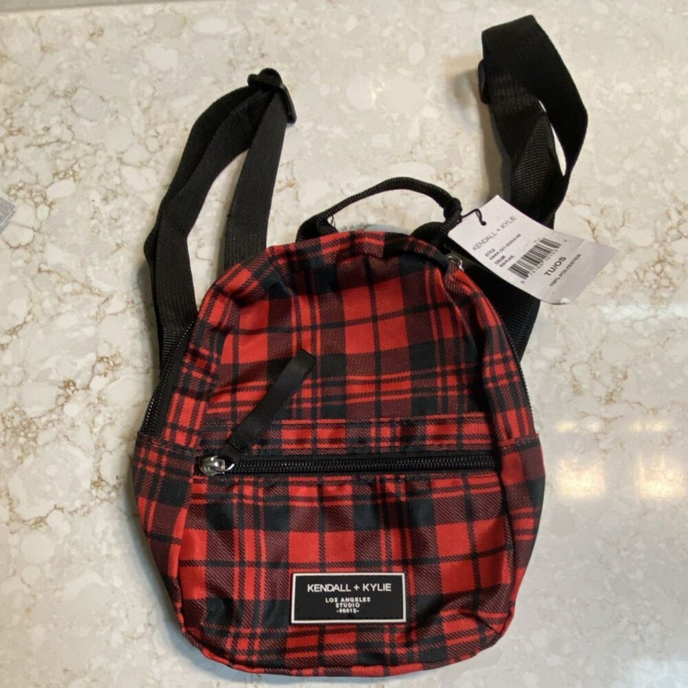 Kendall + Kylie Red Black Buffalo Plaid Mini Backpack Purse Bag Festival 9"x8"